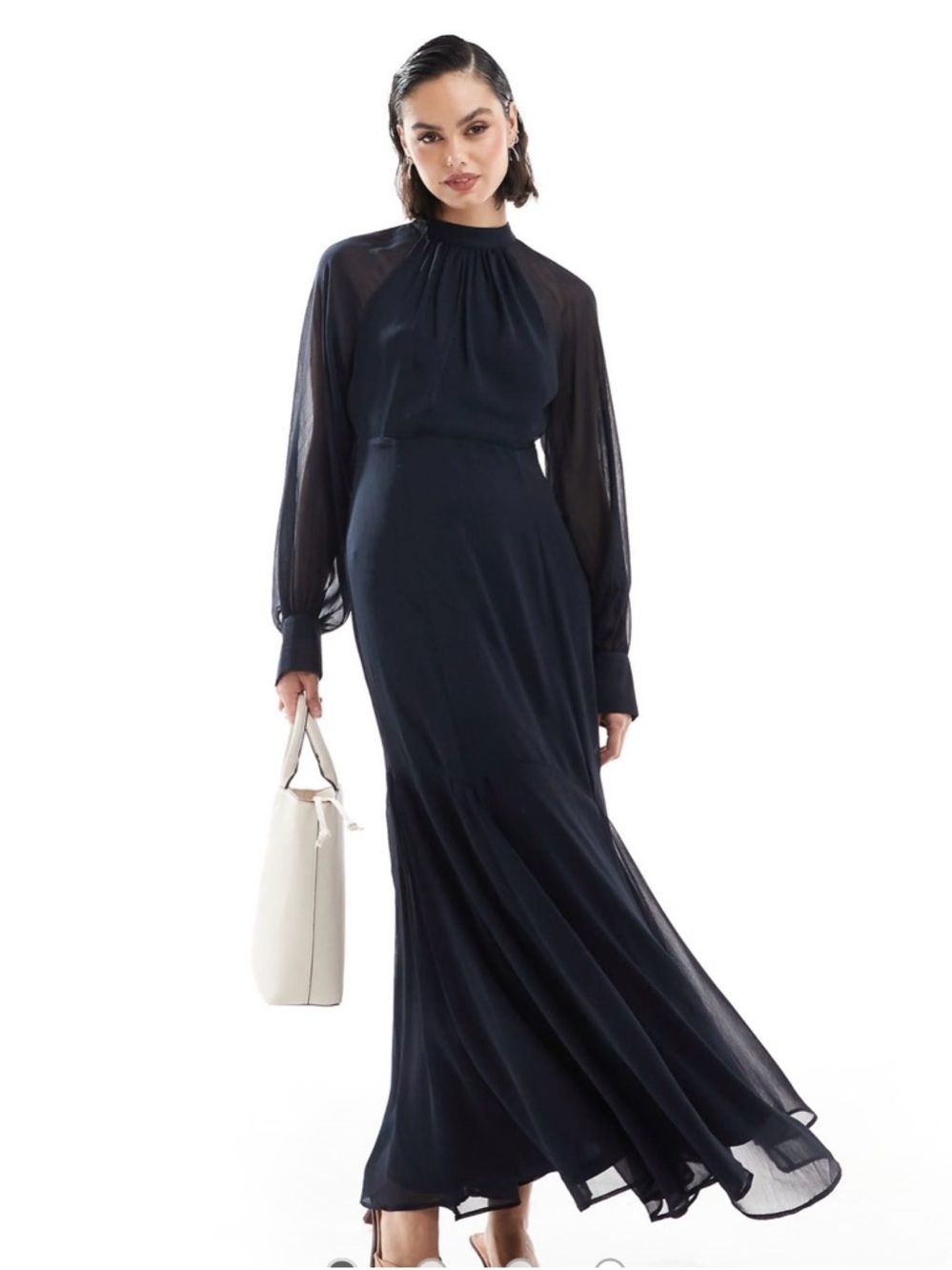 ASOS Midnight Navy Long-Sleeve Chiffon Maxi Dress